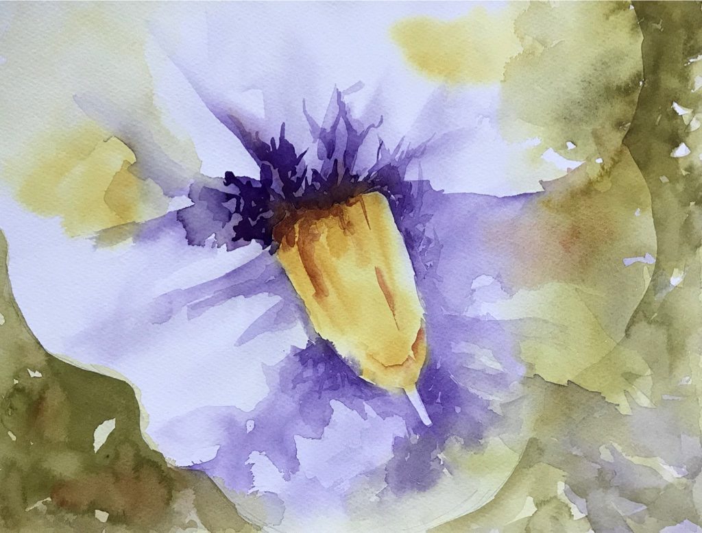 Watercolor closeup of a single flower painted by Lisa Sinicki in purple and green-gold
