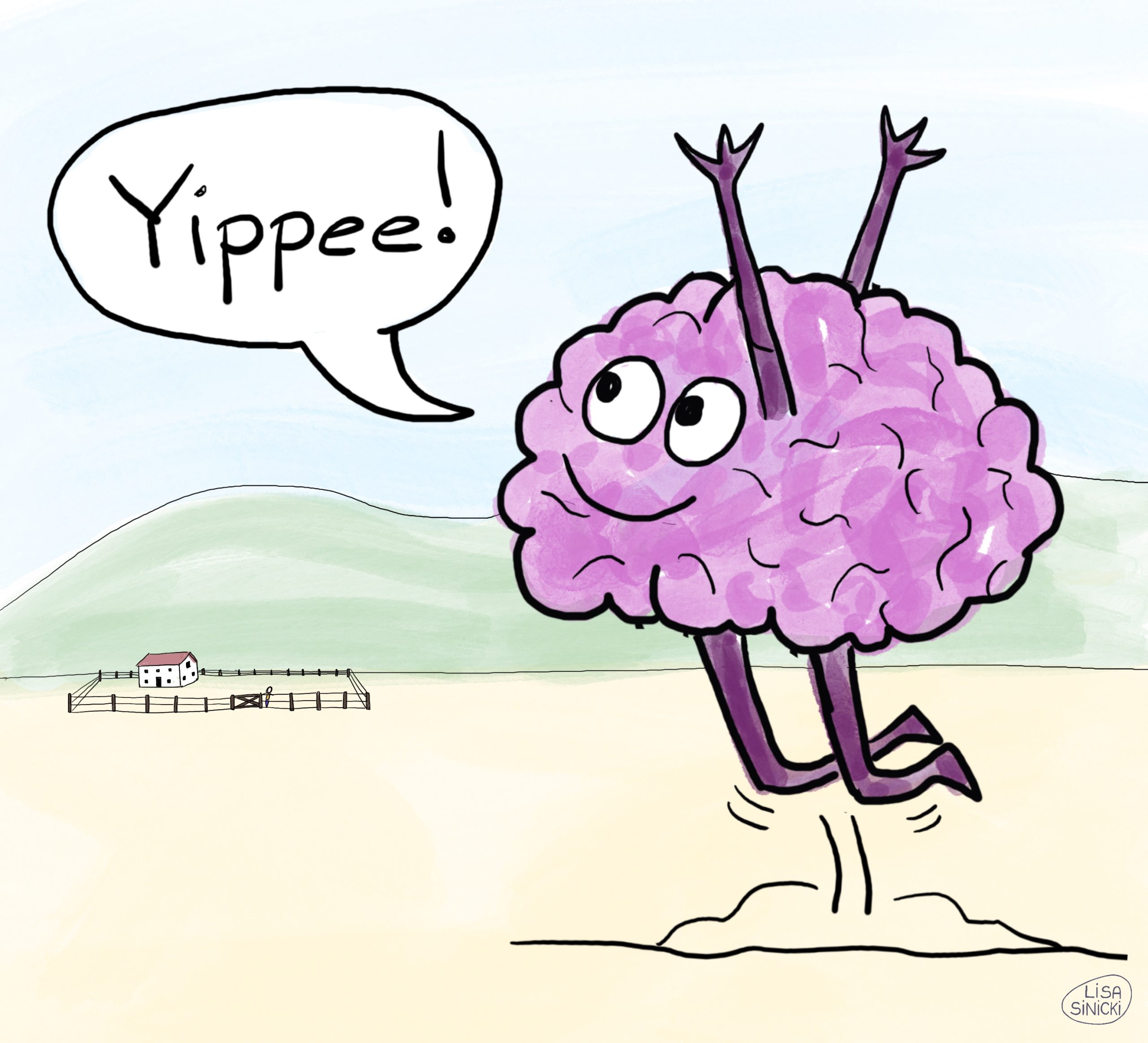 Free range brain character copyright 2025 Lisa Sinicki