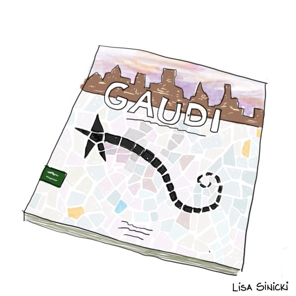 Drawing of Gaudi book owned by Lisa Sinicki. Gaudi An introduction to his architecture by Juan-Eduardo Cirlot Photography by Oere Vivas and Ricard Pla